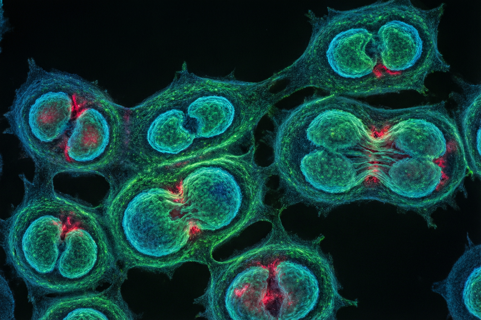 Fluorescence microscopy of cells with click-chemistry-labeled surface glycans showing green and blue emission