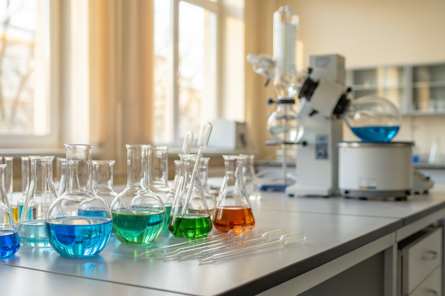 Chemistry laboratory scene with click chemistry reagents and glassware for bioconjugation experiments